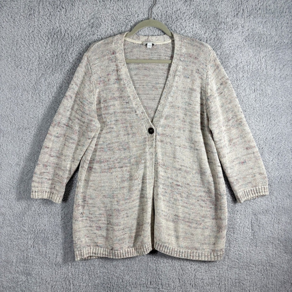 J.Jill Linen Blend Knit Cardigan Size L Gray Space Dye‎ Single Button 3/4 Sleeve